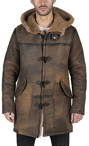 TruClothing.com Mens Duffle 3/4 Abrigo Real Sheepskin Chaqueta de cuero Toggle Classic Retro Marrón, Timber, M