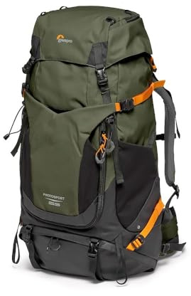 Lowepro PhotoSport PRO BP 55L AW IV Recycled Fabric Backpack for SLR Cameras, Front/Rear Access, Removable Camera Insert, Accessory Straps, Size S/M, Dark Grey/Green