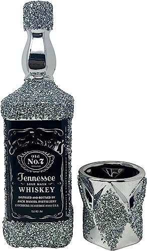 JAYOGLA Silver Crushed Diamond Display Wine Bottle With Glass Goblet Gift For Him/Her Glitter Figurine Shelf Sitter Present For All Occasion (J D Bottle With Glass)