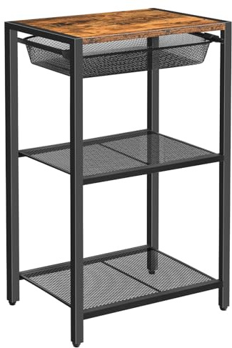 HOOBRO 28.7 Inch Tall Side Table, 3-Tier Industrial Telephone End Table with Adjustable Metal Mesh Basket, Desk Side Table with Storage Shelves, for Living Room, Bedroom, Rustic Brown BF06DH01