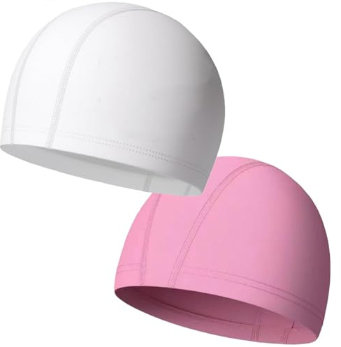 2 Pcs Swimming cap Elastic & Lightweight Kids Swimming Cap Comfortable Fabric Swimming Hats for Women Men Kids and Adults Swimming Hat 6-14 Boys Girls(Pink + White)