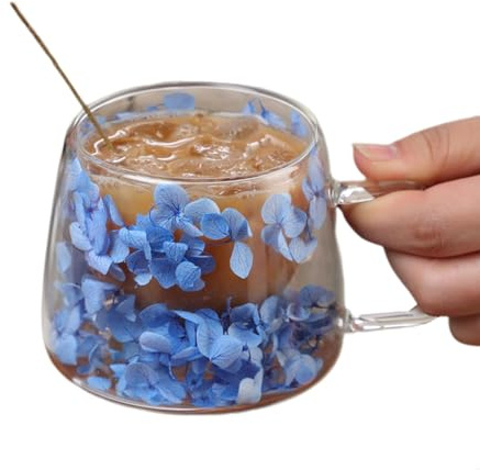 Vasos de flores, flores en el interior, taza de café de cristal, 200 ml, tazas de café de primavera, vasos de flores secas con asa, vasos creativos con aislamiento de doble pared para