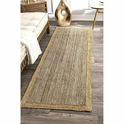 Ripaz Vogue - Tappeto in iuta intrecciato a mano grigio beige bordo fattoria rettangolare tappeto per corridoio (60 x 240 cm)
