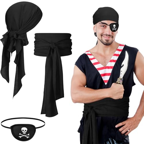 SATINIOR 3 Stück Piraten Kostüm Zubehör Set Pirat Kopftuch Großer Pirat Gürtel Pirat Augenklappe, Bandana Schärpe Gürtel Augenbinde Piraten Verkleidung für Erwachsene Halloween Karneval (Schwarz)