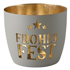 Madras, Windlicht, M, Motiv: Frohes Fest, flannel/gold H8,5, D10cm