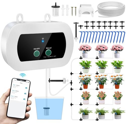 Sistema di irrigazione automatico WiFi, controllo app, timer intelligente, set di irrigazione a goccia fai da te, con 15 ugelli a goccia per giardino, balcone, interni, prato e cortile