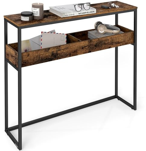 VASAGLE Mesa de Entrada, Mesa de Consola, Borde de Sofá Estrecho en 2 Niveles, con Compartimentos, 24 x 100 x 80 cm, para Entrada, Salón, Marrón Rústico y Negro Tinta LNT091K01