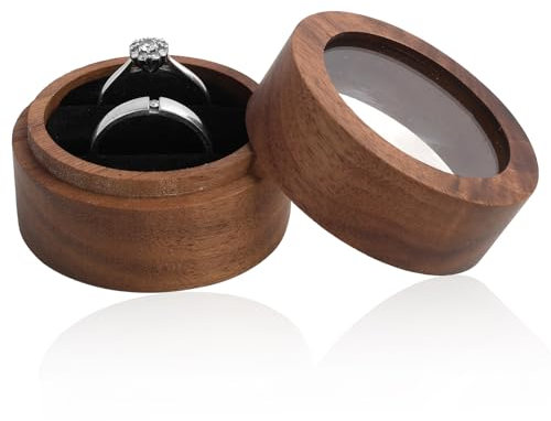 Caja para Anillos en Madera de Nogal (Color Café, 5x3.6cm) con Ventana Transparente y Doble Compartimento de Terciopelo Negro, para Propuestas, Compromisos y Bodas,caja de presentación de madera