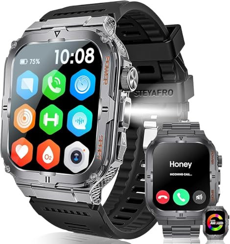 LOYEWAIER Smartwatch militare uomo torcia LED chiamata Bluetooth orologio sportivo pressione sanguigna fitness tracker outdoor IP68 impermeabile argento acciaio inox smartwatch per Android iOS (nero C