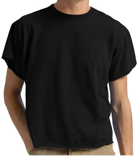 Sunborui Men's Boxy Raw Cut Tee Short Sleeve Round Neck T Shirts Casual Basic Tops (Black,Small)
