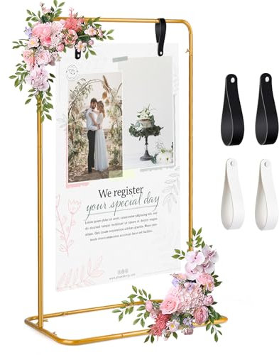AuntyFey Wedding Welcome Sign Stand, Gold Welcome to Our Wedding Hanging Sign Easel Stand, Metal Easel Display Stand Sign Holder Seating Chart Display with Leather Sign Straps for Party, Birthday