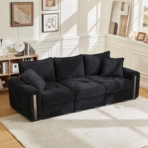 Vesgantti 3 Seater Sofas with Storage, Modular Sectional Sofa for Living Room in Black Soft Chenille, Small Couch for Bedroom, Home Office, Studio, 3 Seater