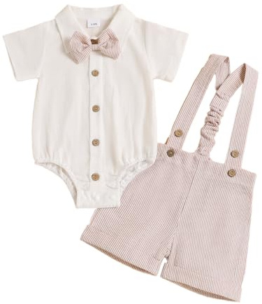 JENJON Neonati Maschio 1 Anno Compleanno Vestiti Set Gentleman Maniche Corte Papillon Top + Salopette a Righe Pantaloncini Estivo Abbigliamento Righe color cachi 3-6 Mesi