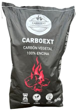 Carboext Carbón 100% Encina para Barbacoa 10 kg – Sin Humo ni Aditivos, Poca Ceniza y Larga Duración – Carbón Vegetal Natural Artesanal de Encendido Rápido y Alto Poder Calorífico