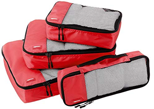 Amazon Basics Organizer da Viaggio Salvaspazio per Valigie, con Cerniera, Set da 4 Pezzi, Grande/Medio/Piccolo/Sottile, Rosso