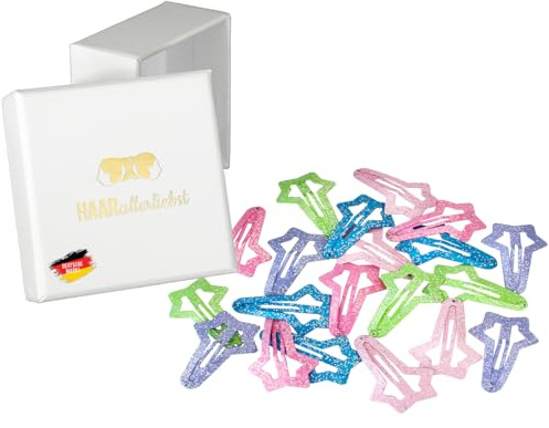 Haarallerliebst Haarspangen klein für Kinder – 20 Stück Stern förmig bunt pastell mit Glitzer (5 cm) inkl. Aufbewahrungsbox weiss – Ideal für normales Haar