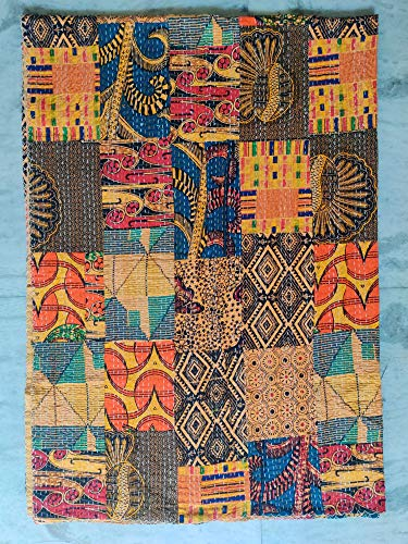 Coperta in stile indiano con patchwork Kantha, fatta a mano, cucita a mano, a blocchi di colori e motivi diversi, piumino, telo da spiaggia, copriletto, Sari