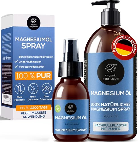 Ultra Pur MagnesiumÖl Spray - 1000ml + 100ml | 100% Natürlich Reines Zechstein Öl von Organic Magnesium | Perfekt für Sport & Muskel entspannung | Flüssig Oil Konzentrat
