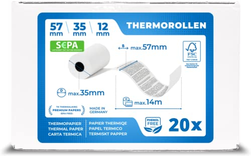 THERMALKING EC Cash Rollen Thermopapier 57mm x 35mm x 12mm - Thermorollen 57x35x12 für EC & Kredit-Kartenlesegeräte - Bonrollen mit SEPA-Lastschrifttext - Für Systeme bis 14m Papierbedarf (20 Stk)