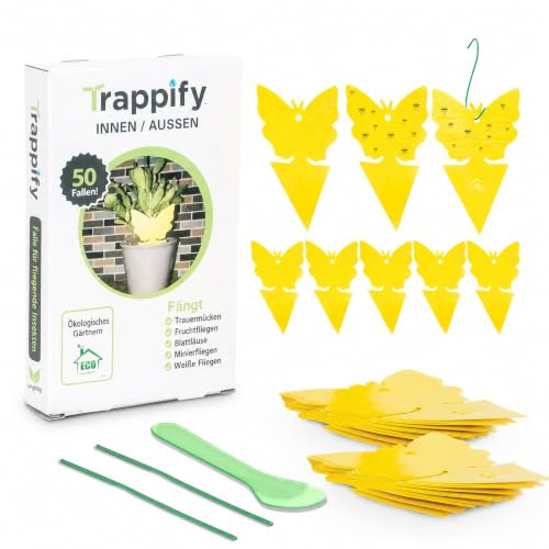 Trappify Gelb Trauermücken Fliegenfalle – Klebefallen 50 Stück | Doppelseitige Klebefläche, Gelbfalle für Trauermücken und Fruchtfliegen, steckbar oder aufhängen, 50er-Pack, kein Spray