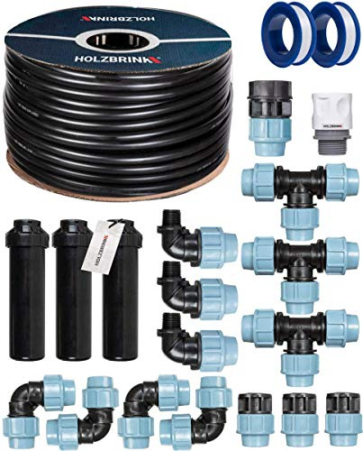 HOLZBRINK Start Set Bewässerungssystem Rasenbewässerung inkl. 50 m LDPE Verlegerohr 25 mm, 3x Versenkregner, HTB-11-3-50