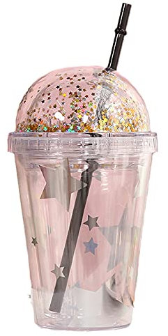 Tazza da viaggio floreale con paglia glitterata bottiglia d'acqua viola fiore bere tazza partito Tumbler Ice Tollde Cup per picnic compleanno (stella 2, 380 ml)
