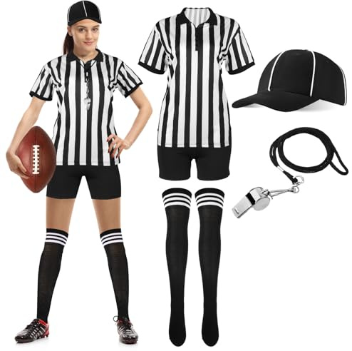 SATINIOR 5 Pcs Women Referee Costume White and Black Stripe Ref Shirt Jersey Shorts Referee Hat for Halloween Cosplay(XX-Large)