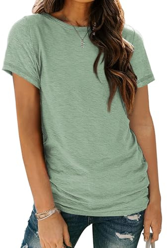 AUTOMET Women's Soft Basic Short Sleeve T-Shirt, Round Neck Tops Summer Casual Tee for Spring Shirts Clothes Everyday Wear 02lightgreen M