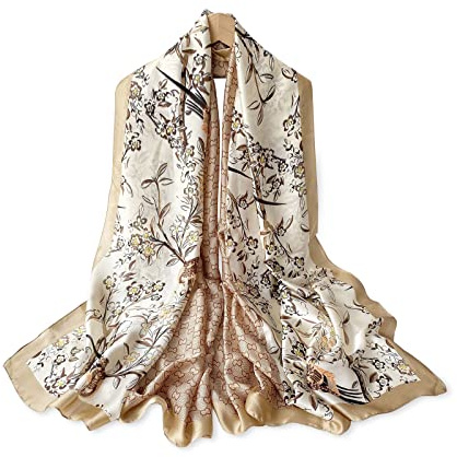 LumiSyne Femme Foulard En Soie Mode Classique Fleur Imprimée Motif Pied De Poule Longue Léger Écharpe Chaude Châle De Protection Solaire Toutes Les Saisons