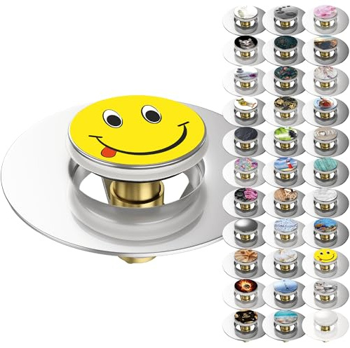 Sanilo Pop-Up Waschbeckenstöpsel, viele schöne universal Pop Up Abflussstopfen mit Motiv, Ablaufgarnitur (Smiley)