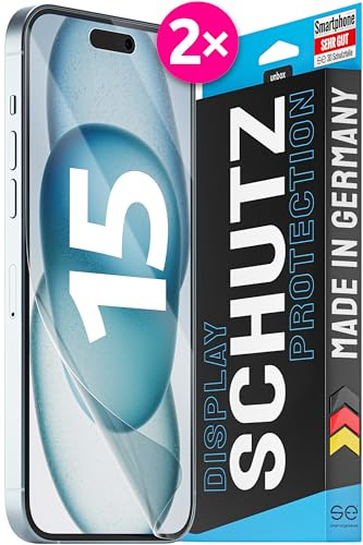 2x se® 3D SCHUTZFOLIE Transparent für Apple iPhone 15,Selbstheilend, 100% Fingerabdruck & FaceID kompatibel, einfache blasenfreie Installation, Ultra-Klar, Stoß-Kratzfest, aus Deutschland