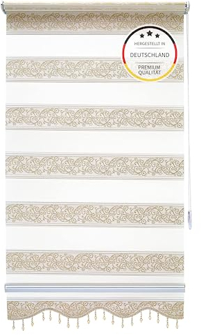 Brillant Doppelrollo Klemmfix ohne Bohren Beige Gold, 50x200cm (BxH), Stoffbreite 46 cm, mit Muster, Volant und Perlen, Duo Rollo für Fenster und Türen, Made in Germany
