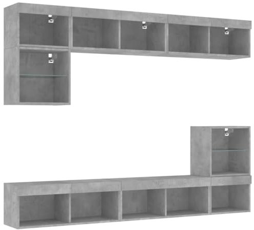 vidaXL Wohnwand 8-TLG., Schrankwand mit viel Stauraum, Anbauwand mit LED-Beleuchtung, Wandmontage Fernsehschrank Wohnzimmer Set Schrank, Betongrau Holzwerkstoff