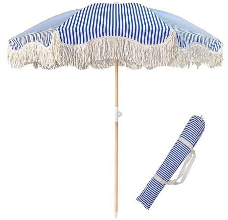 Zhixubah Striped Patio Umbrellas 180cm Boho Outdoor Umbrella With Fringe Tilt Beach Umbrellas For Sand UPF 50+ Outdoor Table Umbrella For Backyard/Pool/Garden/Lawn With Carry Bag 8 Ribs