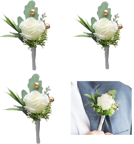 Huilimei Weiße Rosen-Boutonnière für Männer Hochzeitsset mit 4 Stück, künstliche Hochzeitsblumen-Boutonnières mit Stecknadeln für Bräutigam und Trauzeuge Hochzeits-Jahrestagsfeier, Abschlussball