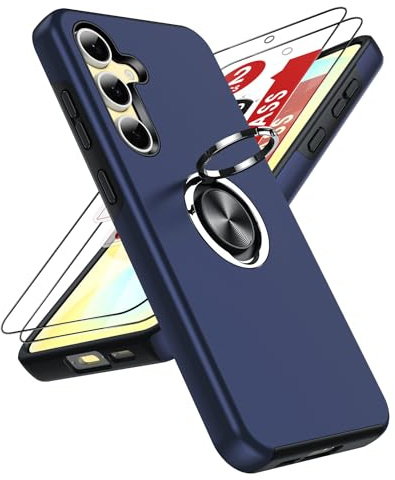 LeYi Hülle für Samsung Galaxy S24 FE mit 2x Schutzfolie, TPU+PC Militärschutz Hybrid, 360° Drehbar Metall Ring Halter Ständer, Stoßfest Case Cover Blau