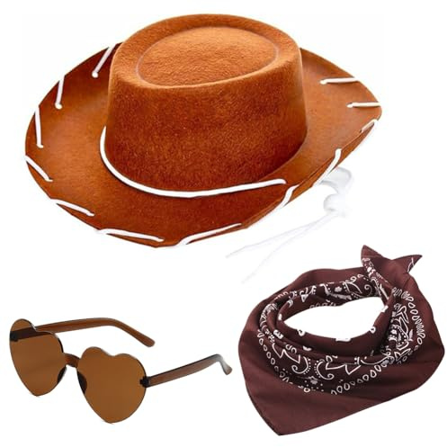 Cowboyhut für Damen, 3 Stück Filz Cowboyhut Cowgirl Hut mit Herzbrille Schal Damen Cowboy Hut Cowgirl Kostüm Accessoires Wilder Westen Kostü Westernhut für Party Cosplay Karnevalsfeiertage (Braun)