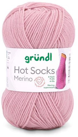 Gründl Hot Socks Merino, Sockenwolle rosa mit Merinowolle, Strumpfwolle 4-fädig 50g / 200m, Sockengarn 4fädig uni einfarbig (02 rose)