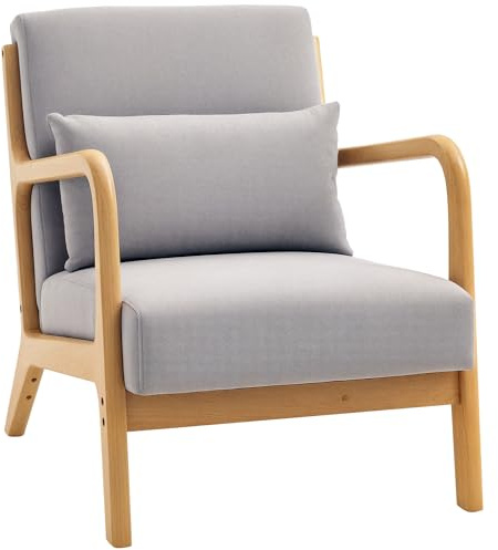 HOMCOM Butaca de Salón Butaca Nórdica Sillón de Salón con Reposabrazos Cojín y Marco de Madera de Caucho para Dormitorio Carga 120 kg 61x78x76 cm Gris