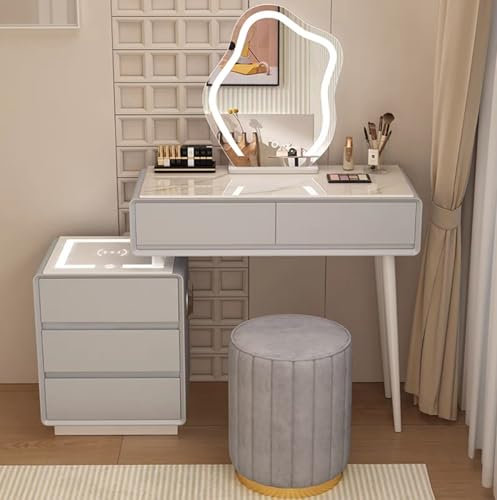 Weißer Schminktisch-Set mit abnehmbarem Spiegel, gepolstertem Hocker und Beistellschrank, moderner Schminktisch für Mädchen und Damen, für Schlafzimmer und Ankleidezimmer, Hellgrau, 80,5 x 40 x 40 x