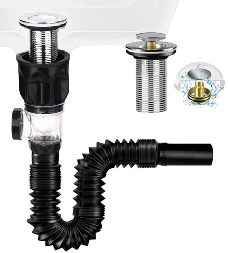 YYTECH Sifón de desagüe para lavabo, kit de desagüe con tubo de desagüe flexible retráctil y tapón de desagüe desplegable, baño y cocina, extensible 300-1000 mm