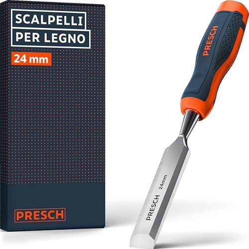 Presch Scalpello per legno 24mm - Completamente levigato per utilizzo immediato - Per professionisti con 25° angolo e robusta battuta in metallo - Impugnatura ergonomica per presa sicura