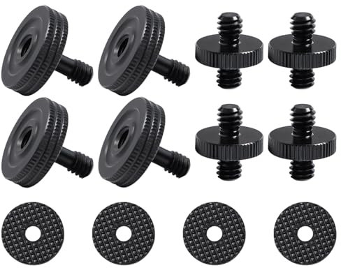 Neikafan Vite per pollice per fotocamera a sgancio rapido 1/4, 4 pezzi e vite zigrinata da 1/4, maschio a 1/4, 4 pezzi, con 4 cuscinetti in gomma per piastra di montaggio della fotocamera, supporto