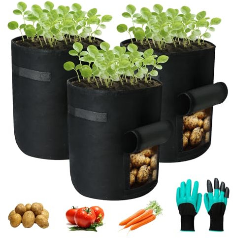 3 Pack Bolsa de Cultivo para Patatas con Ventana, Ø30x35cm, Maceta de Fieltro 25L para Tomates, Patatas, Zanahoria, Flores, incluye Guantes de Jardinería, Reutilizable y Lavable (7 Galones)