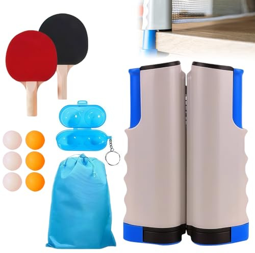 WIYETY Professionell bordtennisracketset: 2 bordtennisracket infällbart nät 6 bordtennisbollar 1 bärpåse 1 bolllåda, bordtennis set professionell för barn vuxna familjer vuxna (gråblå