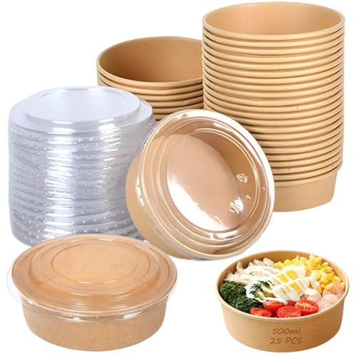 AXVRAV 25 Stück Kraft Salatschalen mit Deckel 500 ml, Bio Salatschale Salatschalen, Kraft Papier Salat-Bowl, Kartonschale Salatbox für Salate, Snack, Suppen, Müsli, Rund Hartpapier Salatbox to go