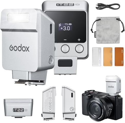 Godox iT22 O Mini-Kamerablitz für Olympus mit 7,4 V 300 mAh Akku, manuell/TTL-Modi, 700+ Blitze, 1,5 Sekunden, Recycling-Blitzschuh mit Diffusor, Farbfilter, Zubehör für Olympus-Kamera (Silber)
