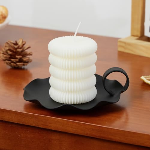 Candle Holders for Pillar Candles – 5.5 Overall Width Black Metal Holder with Plate, Fits Pillar Candles up to 3.3 in Diameter & Flameless, Modern Minimalist Candle Dish (Candles Not Included)