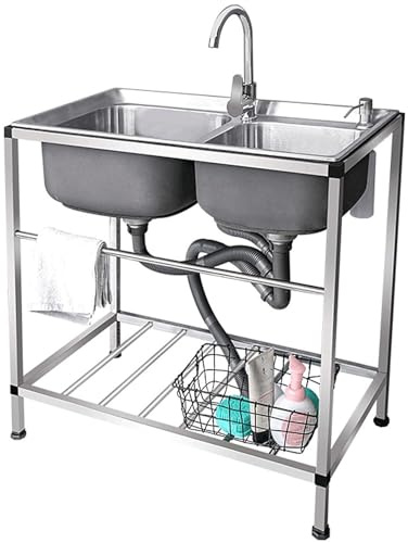AMAZWI Fregadero Barra Acero Inoxidable Doble Cubeta con Grifo Agua Caliente Y Fría Canal Agua Independiente Cocina Comercial Interior Y Exterior