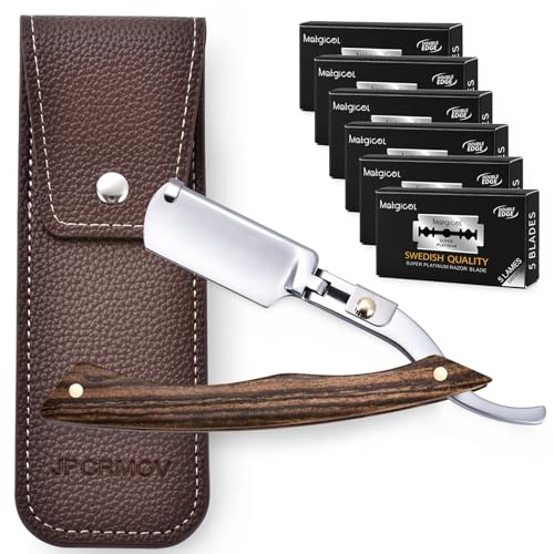 Professional Straight Razor for Men – Classic Barber Straight Edge Razor with Sandalwood Handle, Includes 30 Pack Replaceable Double-Edge Blades and Leather Sheath for Precision Beard Shaping